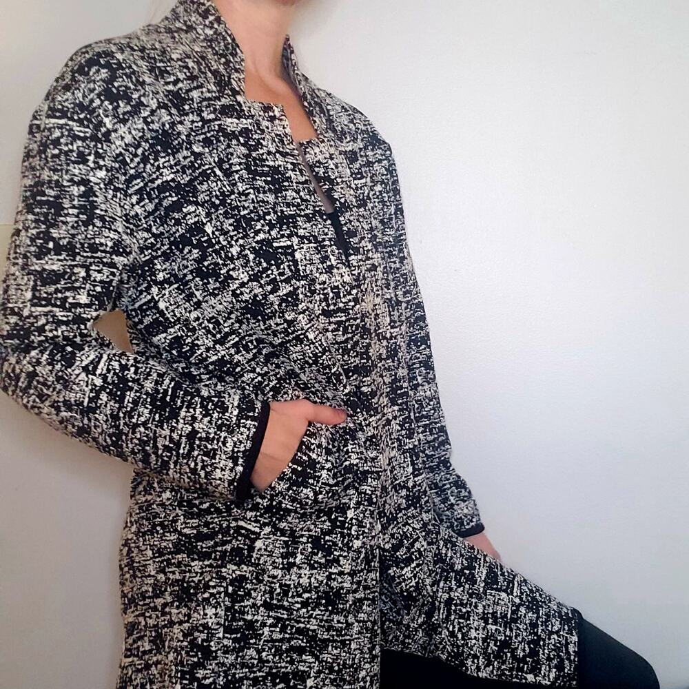 Philosophy Ponte Knit Marled Black White Notched Collar Duster Sweater Jacket 6